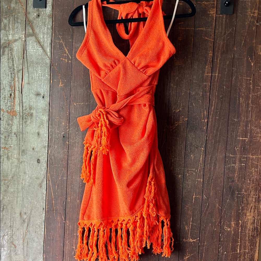 SHEIN Orange Fringe Tie-Waist Mini Dress